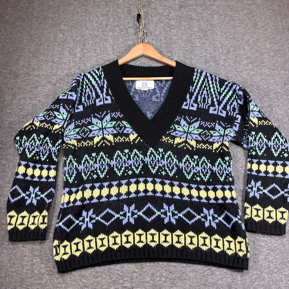 Vintage Spoiled Girls Sweater Womens Medium Black V-Neck Geometric Knit USA MADE